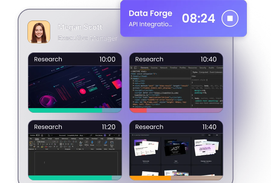 Periodic employee screenshots with timestamps and tracked task details