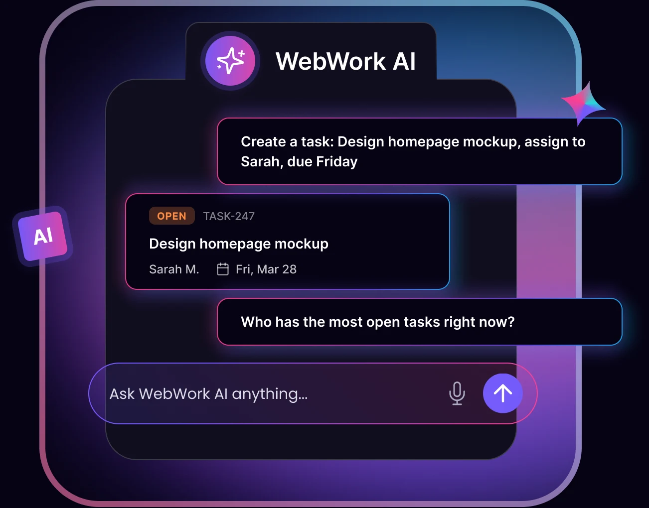 WebWork AI crée et assigne une tâche à partir d'une invite de chat