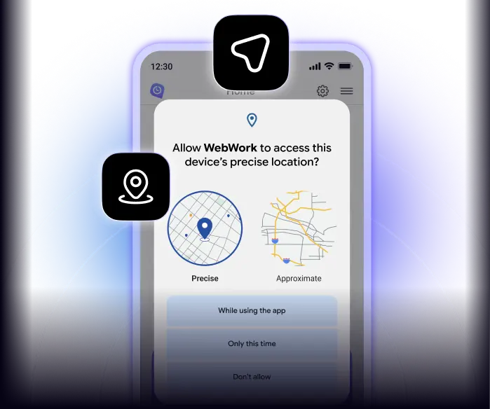 Time tracking app for Android showing GPS permissions setup for accurate time tracking