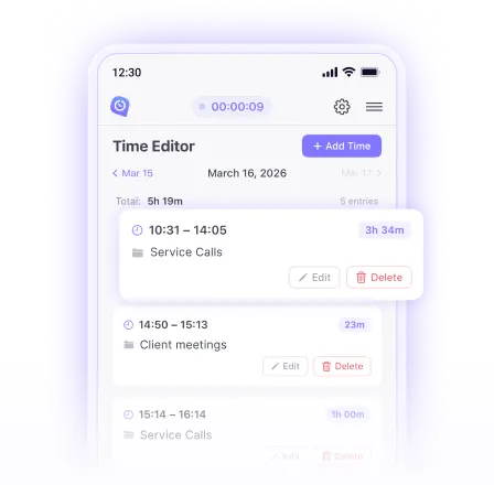 Time tracking app for Android with time entry editing and manual time adjustments for employee tracking