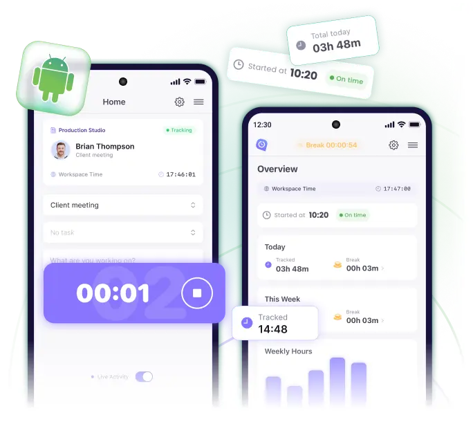 Time tracking app for Android running on multiple phones and tablets with GPS and geofencing features