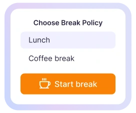 Employees track breaks using a time clock kiosk by starting and ending breaks with one tap
