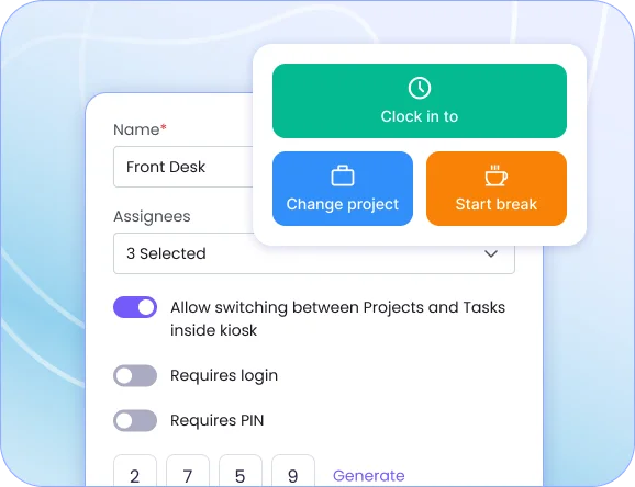 Create a Kiosk in the app by assigning employees and configuring settings like PIN and project switching