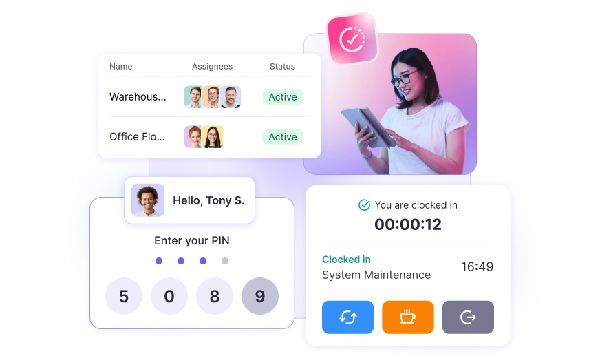 Time clock kiosk for teams to clock in and out on a shared device and track time on Kiosk