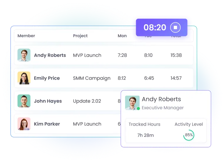 Time tracking software with automatic manual and silent tracking modes