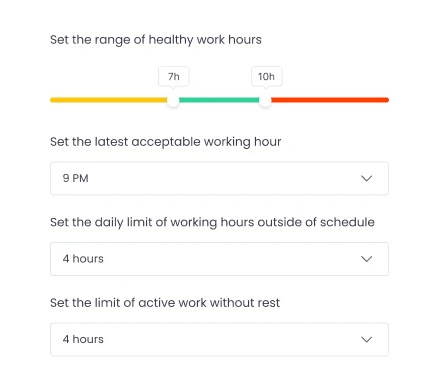 Customize the settings for your team's work-life balance Work-life balance settings | WebWork Tracker