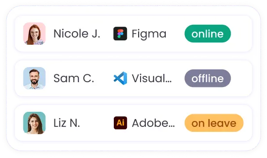 Real-time monitoring showing active workers open apps projects and absence status